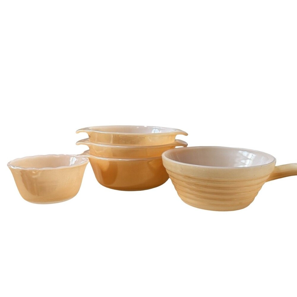 Peach Luster Bowl Set Of 5 Fire King Handled Soup Cereal Vintage Anchor Hocking